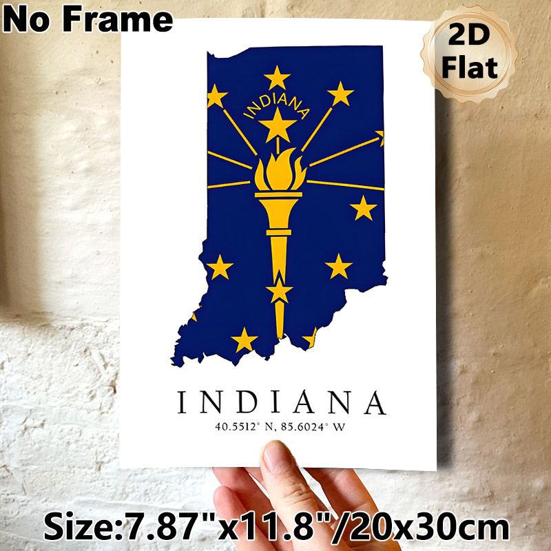 Indiana State Flag Map Painting Poster, Bold Blue & Gold Graphic Poster, Features State Outline With Torch And Stars, Ideal For Home Or Office Wall_maomaolike.com