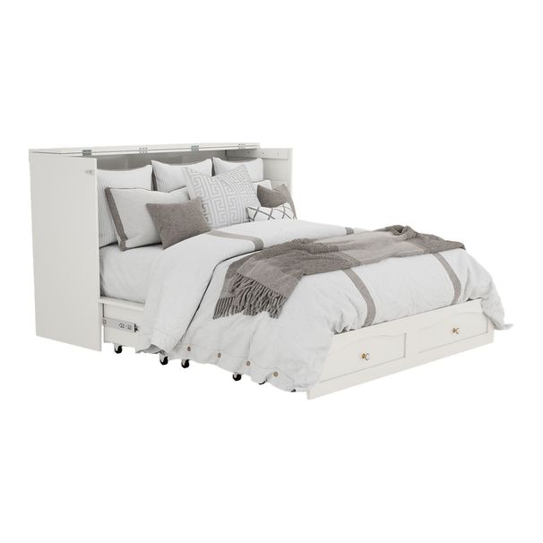 Wood Queen Cabinet Murpgy Bed With Storage Drawers For Guest Room,Hideaway Bed With White Rattan Design,Foldaway Bed Cabinet_maomaolike.com