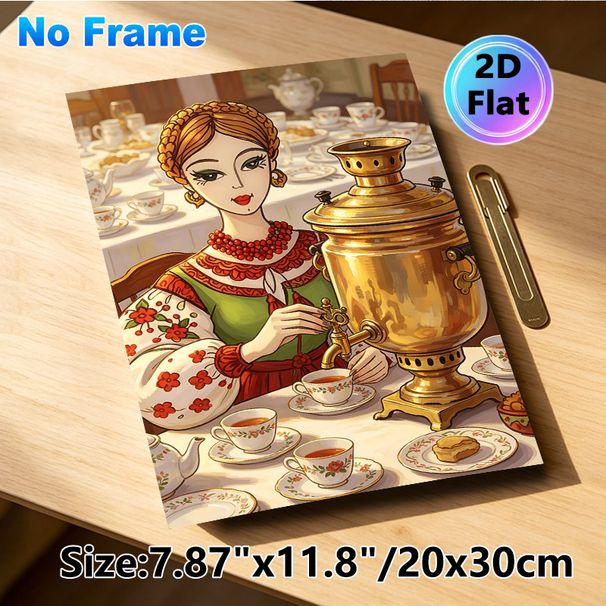 Traditional Tea Party Folk Lady Painting Poster, Vibrant Whimsical Illustrated Poster, Folk-attired Lady Pouring Tea From Golden Samovar, Warm_maomaolike.com