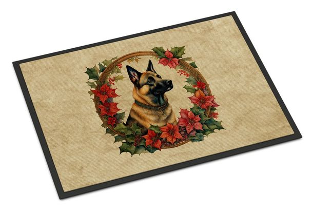 Belgian Malinois Christmas Flowers Doormat Front Door Mat Indoor Outdoor Rugs For Entryway, Non Slip Washable Low Pile, 24H X 36W_maomaolike.com