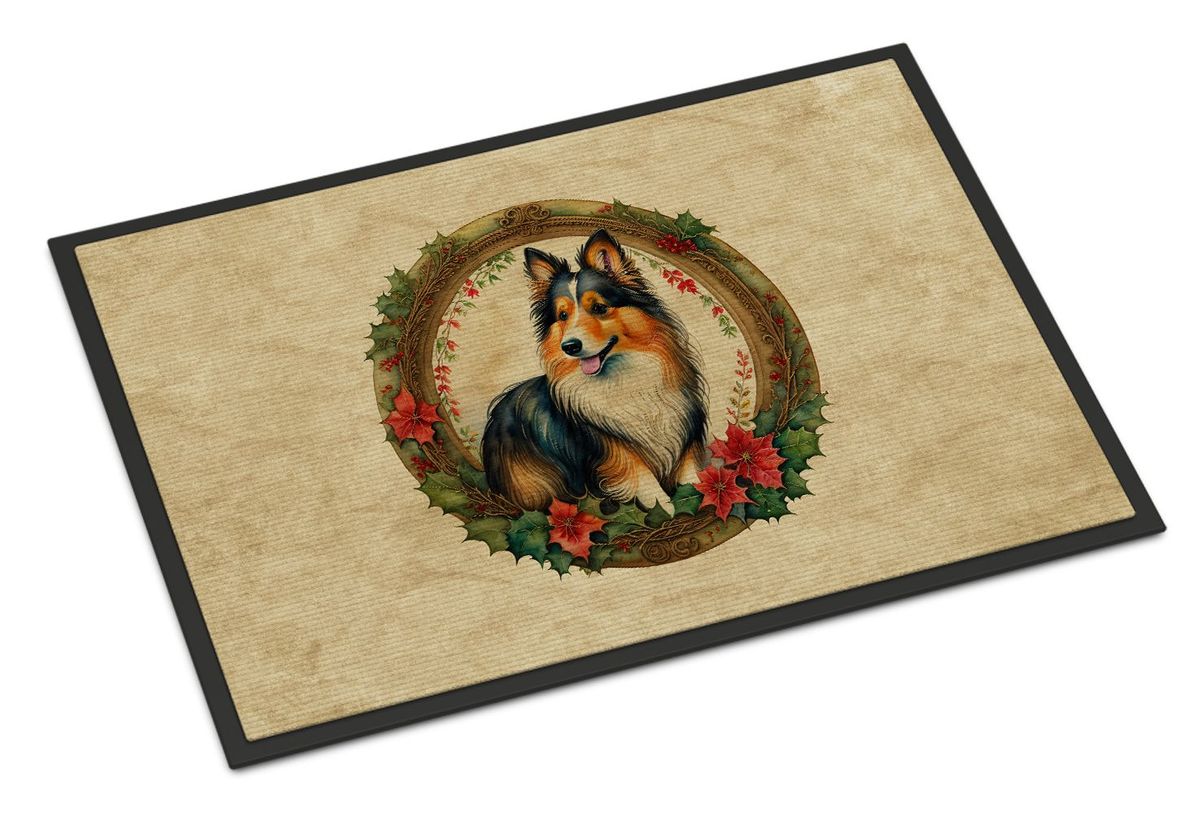 Sheltie Christmas Flowers Doormat Front Door Mat Indoor Outdoor Rugs For Entryway, Non Slip Washable Low Pile, 24H X 36W_maomaolike.com