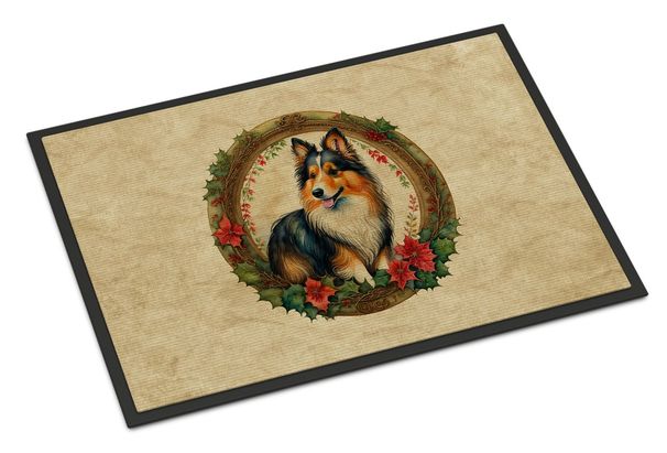 Sheltie Christmas Flowers Doormat Front Door Mat Indoor Outdoor Rugs For Entryway, Non Slip Washable Low Pile, 24H X 36W_maomaolike.com