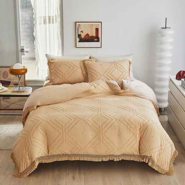 Craft Style Solid Color Cut Square Wave Tassel Lace Quilt Set Three Sets Full Size_maomaolike.com