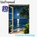 Moonlit Seaside Window View Painting Poster, Serene Realistic Night Ocean Scene Poster, Calming Natural Scenery Ideal For Bedroom, Living Room Wall_maomaolike.com