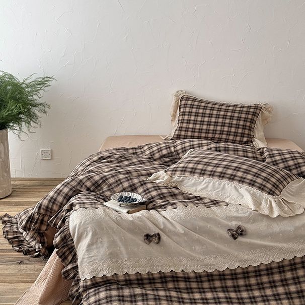 Wholesale INS French Retro Plaid Lace Trim Pure Four-Piece Princess Style Full Cotton Double Layer Gauze 4-Piece Set_maomaolike.com