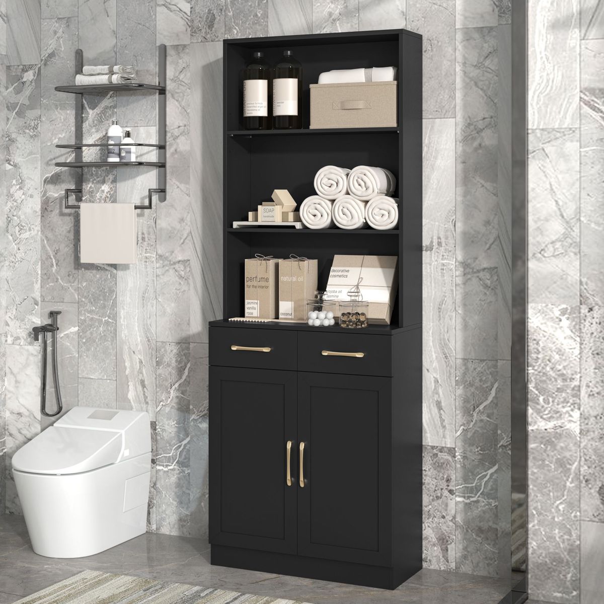 Bathroom Storage Cabinet, Cabinet With Two Doors And Drawers, Adjustable Shelf, Three-layer Open Shelf, MDF Board_maomaolike.com