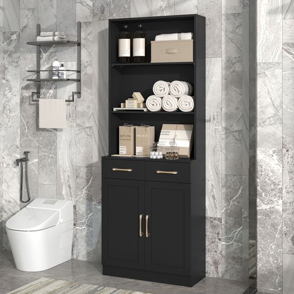 Bathroom Storage Cabinet, Cabinet With Two Doors And Drawers, Adjustable Shelf, Three-layer Open Shelf, MDF Board_maomaolike.com