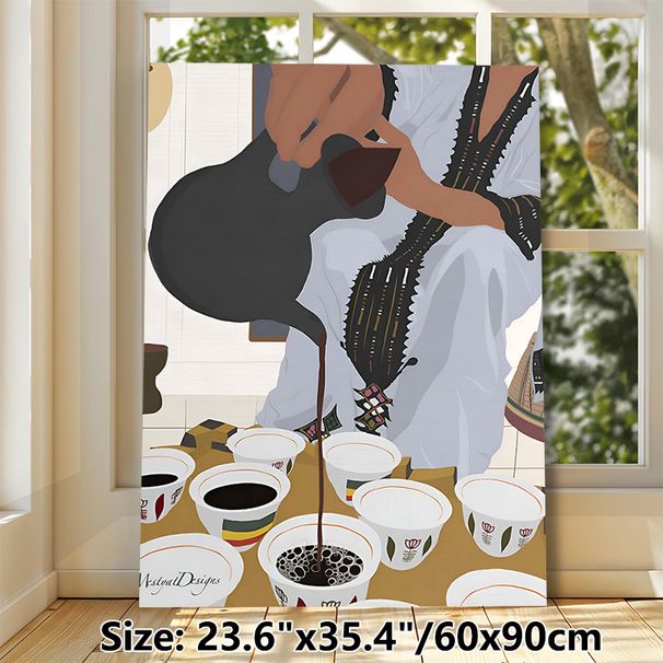 Ethiopian Coffee Ceremony Painting Poster, Vibrant Flat-style Illustration Poster, Cultural Art Decor For Kitchen, Dining Room & Coffee Shop_maomaolike.com