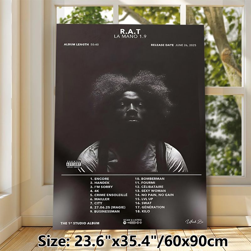 R.A.T LA MANO 1.9 Album Tracklist Painting Poster, Dark Monochrome Portrait With Tracklist Poster, Stylish Music-themed Wall Decor For Home Music_maomaolike.com