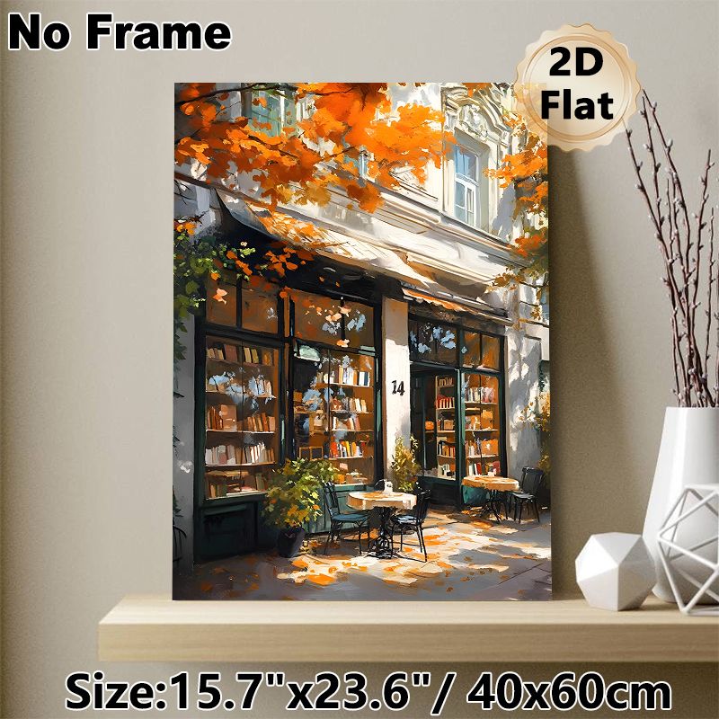 Autumn Bookstore Painting Poster, Warm-toned Impressionist-style Poster, Sunlit Street Bookstore With Orange Fall Foliage, Cozy Tranquil Decor Ideal_maomaolike.com