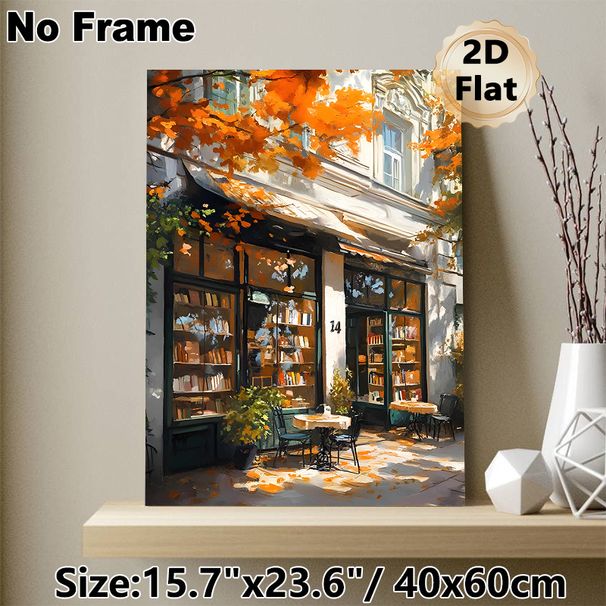 Autumn Bookstore Painting Poster, Warm-toned Impressionist-style Poster, Sunlit Street Bookstore With Orange Fall Foliage, Cozy Tranquil Decor Ideal_maomaolike.com