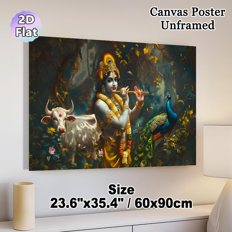 Lord Krishna Themed Painting Poster, Richly Detailed Tropical Jungle Scene Poster, Elegant Devotional Artwork Ideal For Home And Spiritual Spaces_maomaolike.com