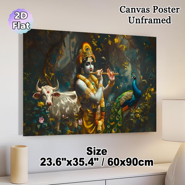 Lord Krishna Themed Painting Poster, Richly Detailed Tropical Jungle Scene Poster, Elegant Devotional Artwork Ideal For Home And Spiritual Spaces_maomaolike.com