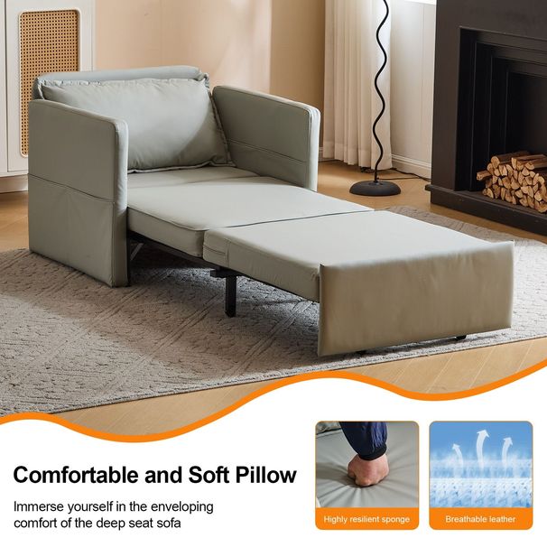 Adult Sleeper Chair Bed, 3-in-1 Convertible Sofa Chair Bed Pull-out Sofa Bed, Convenient Folding Tray Table With USB And Type-C Charging Ports For Living Room,LIGHT-GREY,Leathe_maomaolike.com