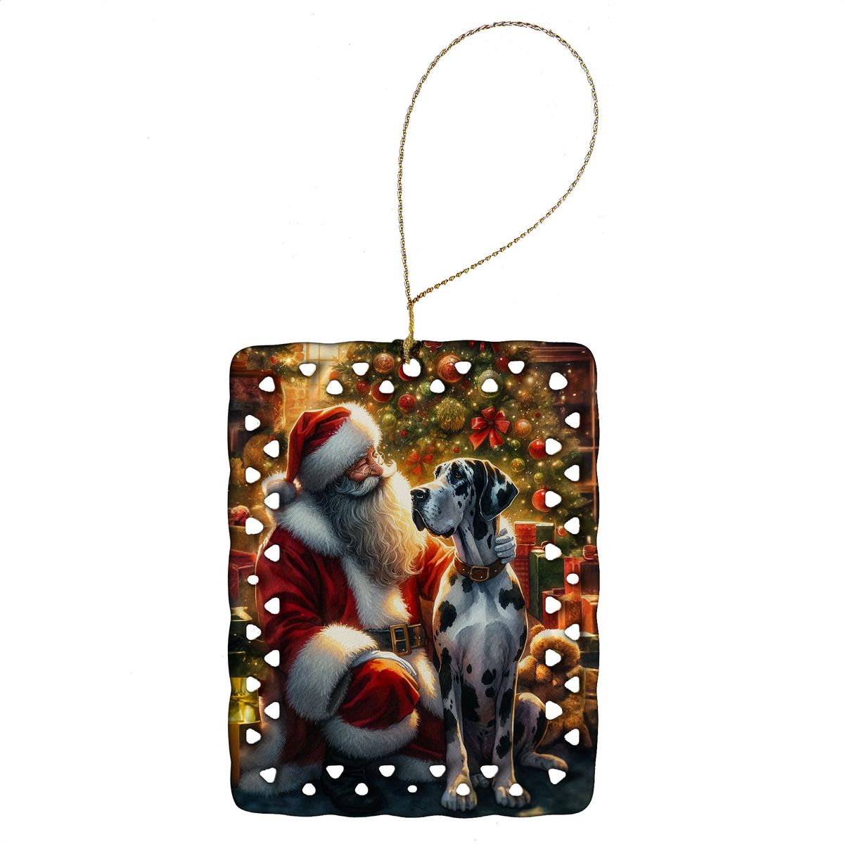 Great Dane And Santa Claus Porcelain Ornament Christmas Tree Hanging Decorations For Home Christmas Holiday, Rectangle, Gift, Multicolor_maomaolike.com