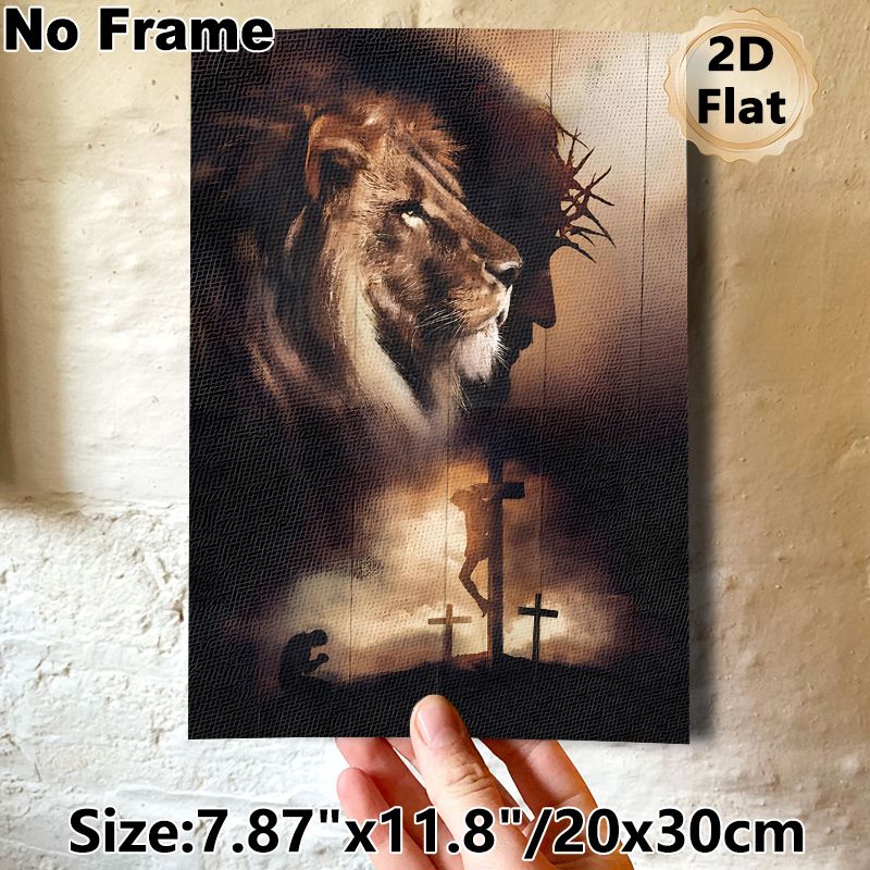 Religious Lion & Jesus Crucifixion Painting Poster, Vintage Textured Dual-image Poster, Thought-provoking Religious Artwork Ideal For Home, Prayer_maomaolike.com