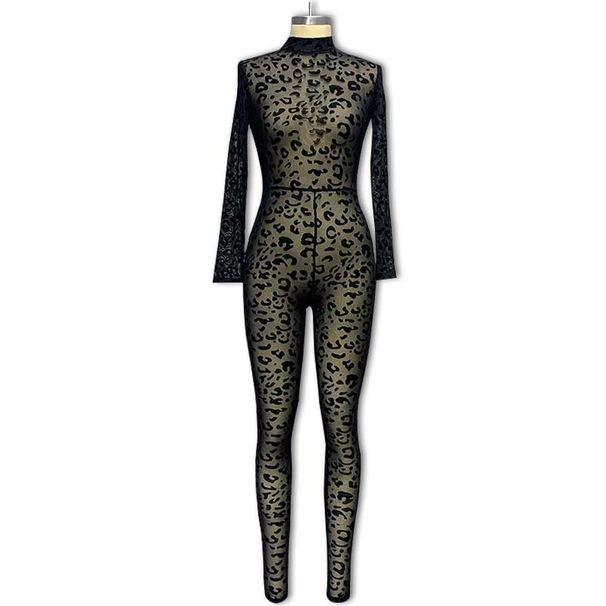 Women's Clothing jumpsuits Slim long-sleeved sexy flocked see-through slimming jumpsuits (girdle not included)_maomaolike.com