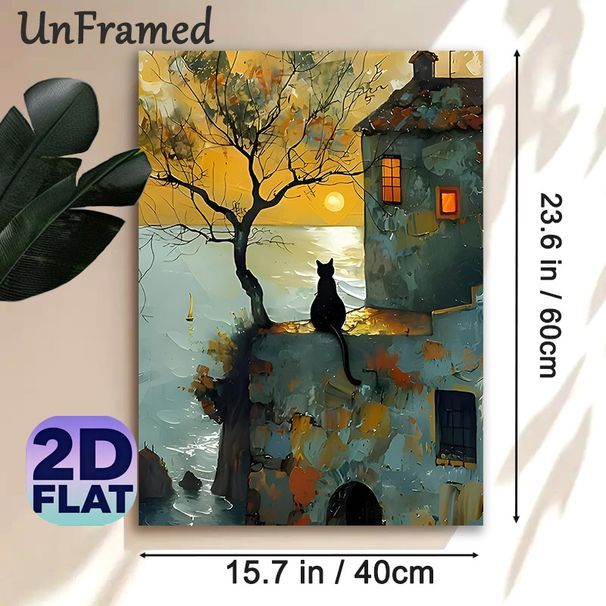 Coastal Cottage & Black Cat Painting Poster, Warm-toned Impressionist-style Poster, Tranquil Seaside Scene With A Black Cat Perched On Cottage Wall_maomaolike.com