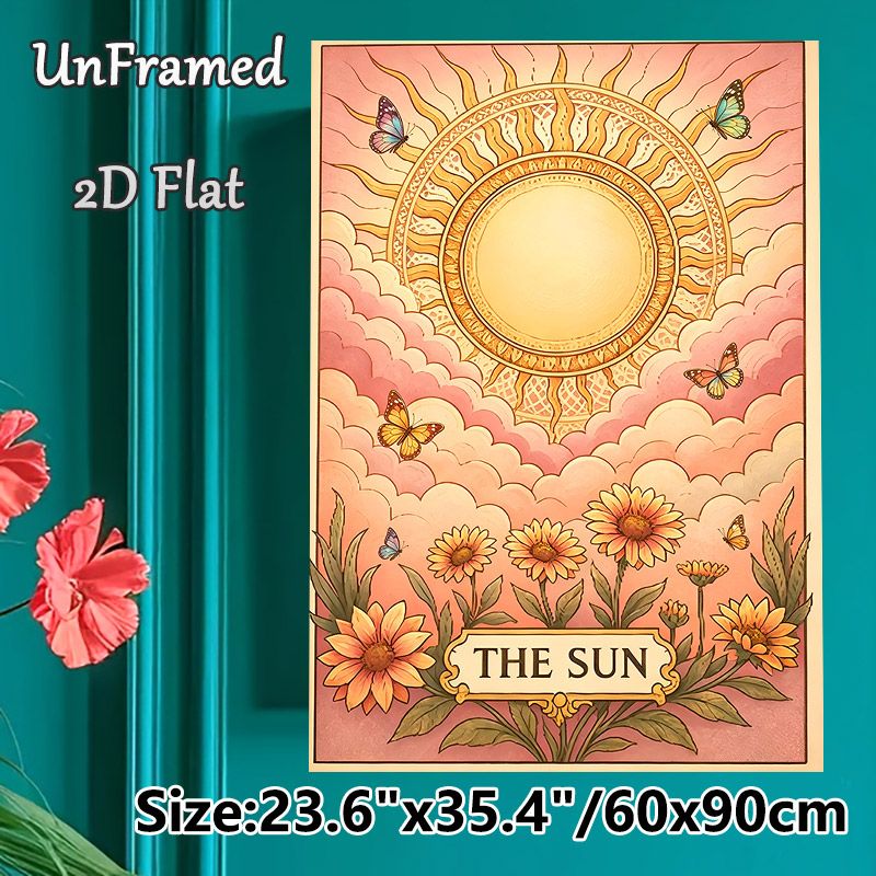 The Sun Tarot Themed Painting Poster, Soft Pastel Vintage Style Poster, Warm Whimsical Design Featuring Sun, Flowers And Butterflies, Ideal For_maomaolike.com