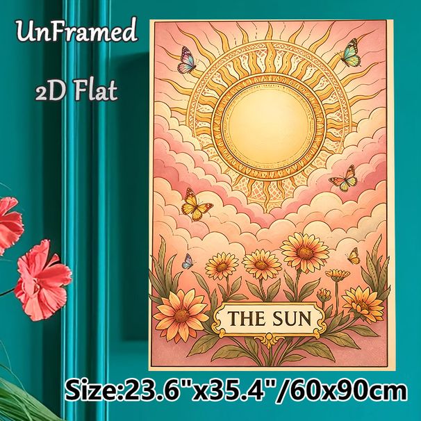 The Sun Tarot Themed Painting Poster, Soft Pastel Vintage Style Poster, Warm Whimsical Design Featuring Sun, Flowers And Butterflies, Ideal For_maomaolike.com
