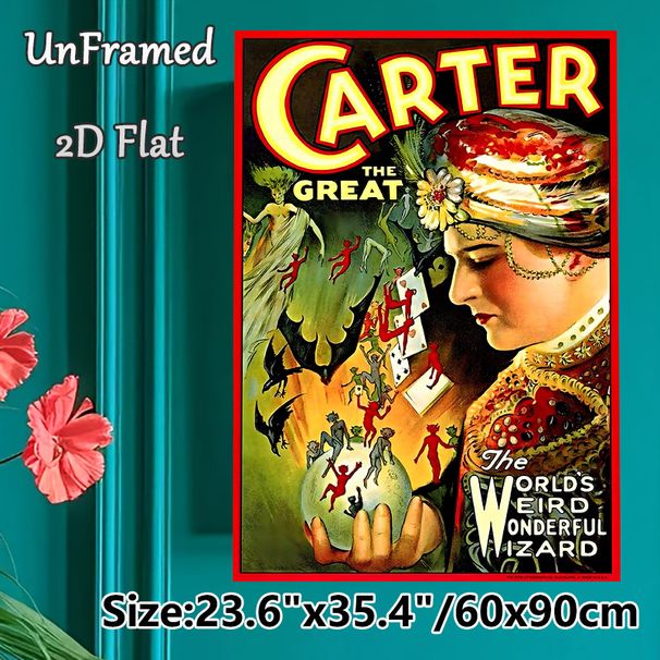 Vintage Magician Carter The Great Painting Poster, Vibrant Retro Fantasy Poster, Nostalgic Mystical Design With Whimsical Sprites, Ideal For Home Wall_maomaolike.com