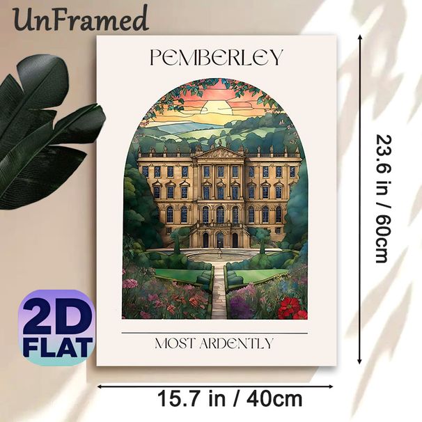 Pemberley Manor Painting Poster, Vintage Stained-glass Style Elegant Manor With Sunset & Lush Garden Poster, Charming Literary-inspired Decor Ideal_maomaolike.com
