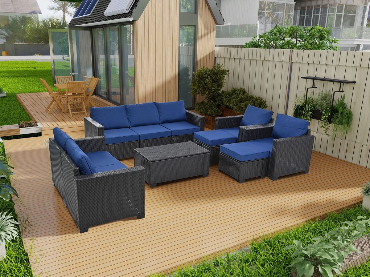 10 Piece PE Rattan Patio Furniture Set, Sectional Sofa Set, Outdoor Patio Furniture Set With Cushions & Tempered Glass Coffee Table_maomaolike.com