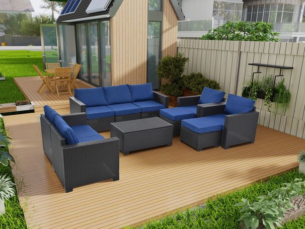 10 Piece PE Rattan Patio Furniture Set, Sectional Sofa Set, Outdoor Patio Furniture Set With Cushions & Tempered Glass Coffee Table_maomaolike.com