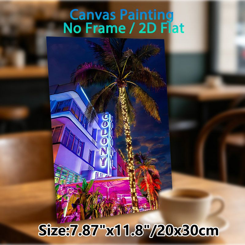 Neon Coastal Hotel Night View Painting Poster, Vibrant Retro Neon-lit Scene Poster, Eye-catching Colorful Resort With String-lighted Palm Trees_maomaolike.com