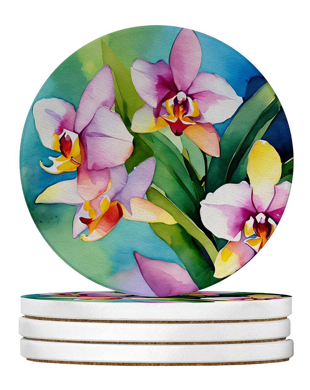 Orchids In Watercolor Large Sandstone Coasters Pack Of 4 Absorbent Round Coasters Decor Gifts For Men Or Women, 4 In, Multicolor_maomaolike.com