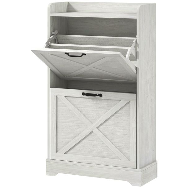 Slim Shoe Storage Cabinet, Farmhouse Shoe Cabinet With 2 Flip Drawers, Adjustable Shelves For 8 Pairs, Distressed White_maomaolike.com