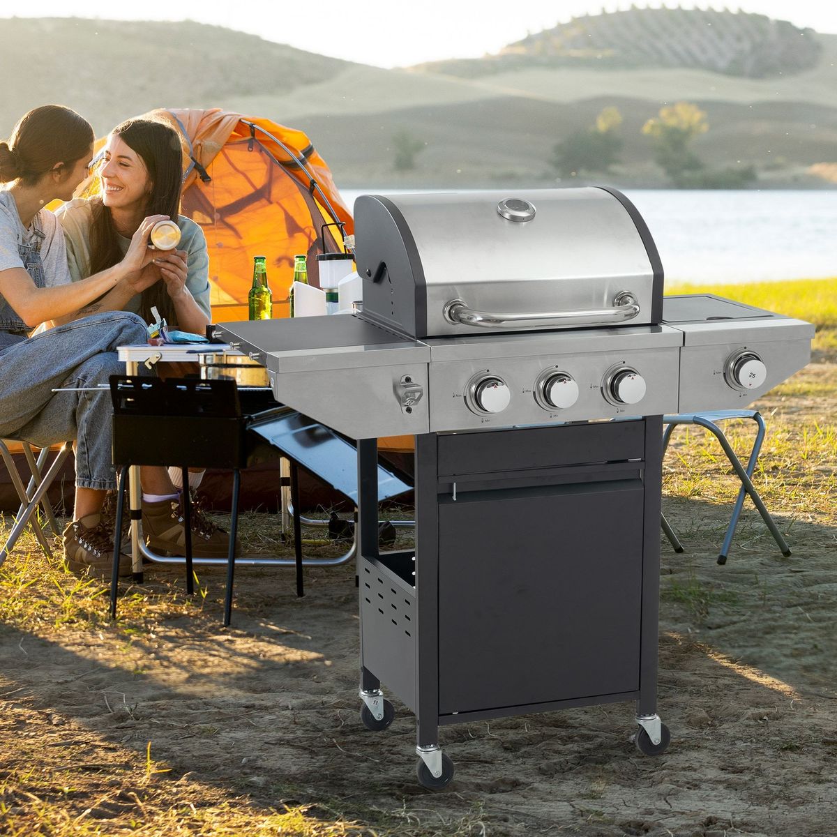 Propane Grill 3 Burner Barbecue Grill Stainless Steel Gas Grill With Side Burner, 37,000 BTU Outdoor Cooking, Patio, Garden Barbecue Grill, Black And Silver_maomaolike.com