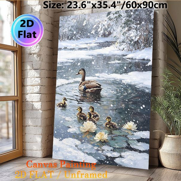 Winter Duck Family Painting Poster, Realistic Oil Painting Style Poster, Peaceful Snowing Pond Scene With Ducklings And Water Lilies, Ideal For Living_maomaolike.com