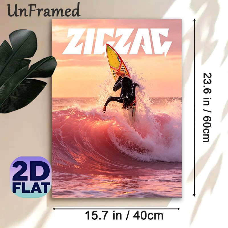 Surfing Themed Painting Poster, Vibrant Sunset Coastal Scene Poster, Features Dynamic Surfer Performing Trick In Pink-hued Waves, Adds Energetic_maomaolike.com