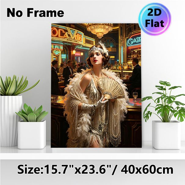 Roaring 20s Flapper Girl Painting Poster, Lavish Art Deco Style Poster, Glamorous Flapper With Pearls & Feather Shawl In Bustling Neon Bar, Elegant_maomaolike.com