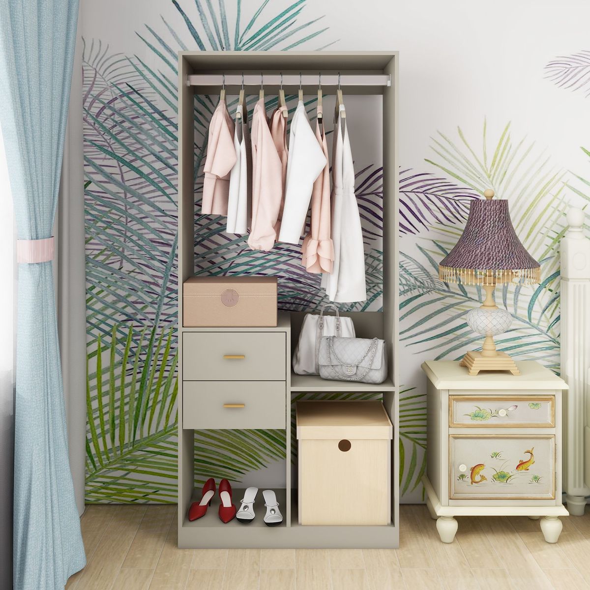 Closet Organizer System, Closet System With Drawers, Clothes Organizer With Closet Shelves Wall Mounted, Grey Wardrobe Closet With Clothing Racks For Hanging Clothes(32"W X 16"D X 71"H)_maomaolike.com
