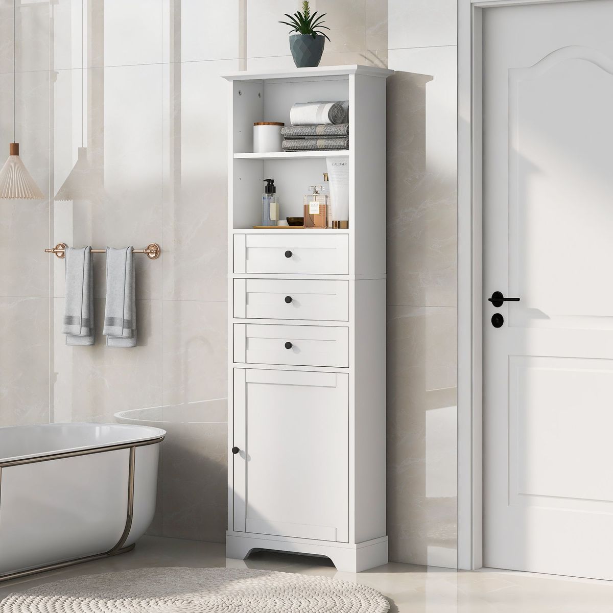 White Tall Storage Cabinet With 3 Drawers And Adjustable Shelves For Bathroom, Kitchen And Living Room, MDF Board With Painted Finish_maomaolike.com