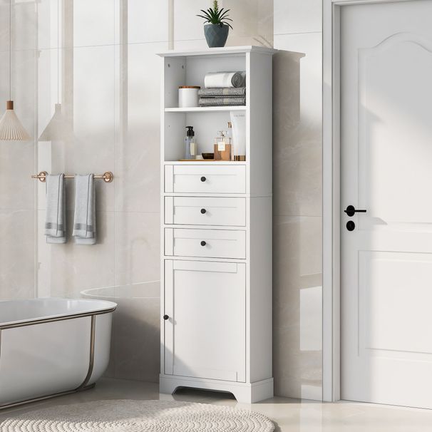 White Tall Storage Cabinet With 3 Drawers And Adjustable Shelves For Bathroom, Kitchen And Living Room, MDF Board With Painted Finish_maomaolike.com