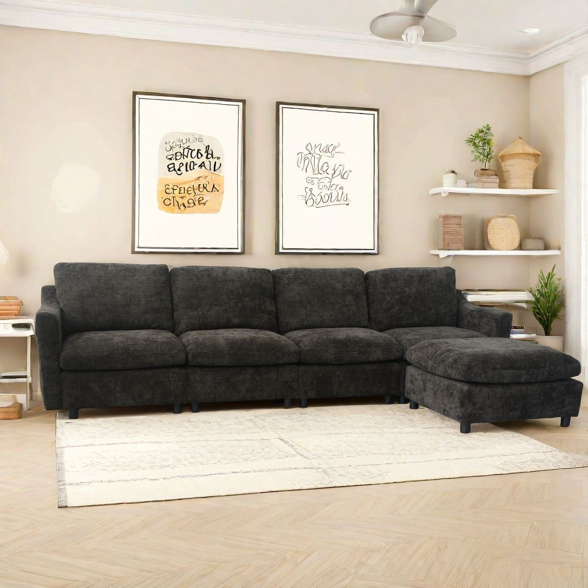 4-Seater Modern Beige Fabric Modular Cloud Sofa With Ottoman, Sectional Sofa, Chenille Cloud Couch Deep Seat For Living Room_maomaolike.com