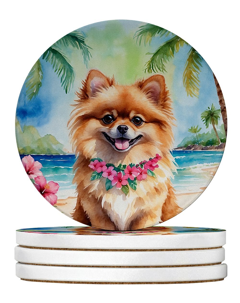 Pomeranian Luau Large Sandstone Coasters Pack Of 4 Absorbent Round Coasters Decor Gifts For Men Or Women, 4 In, Multicolor_maomaolike.com