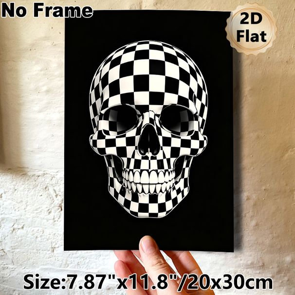 Checkered Skull Painting Poster, Sleek Black & White Checkered Pattern Skull Poster, Unique Artistic Decor Ideal For Living Room, Studio Or_maomaolike.com