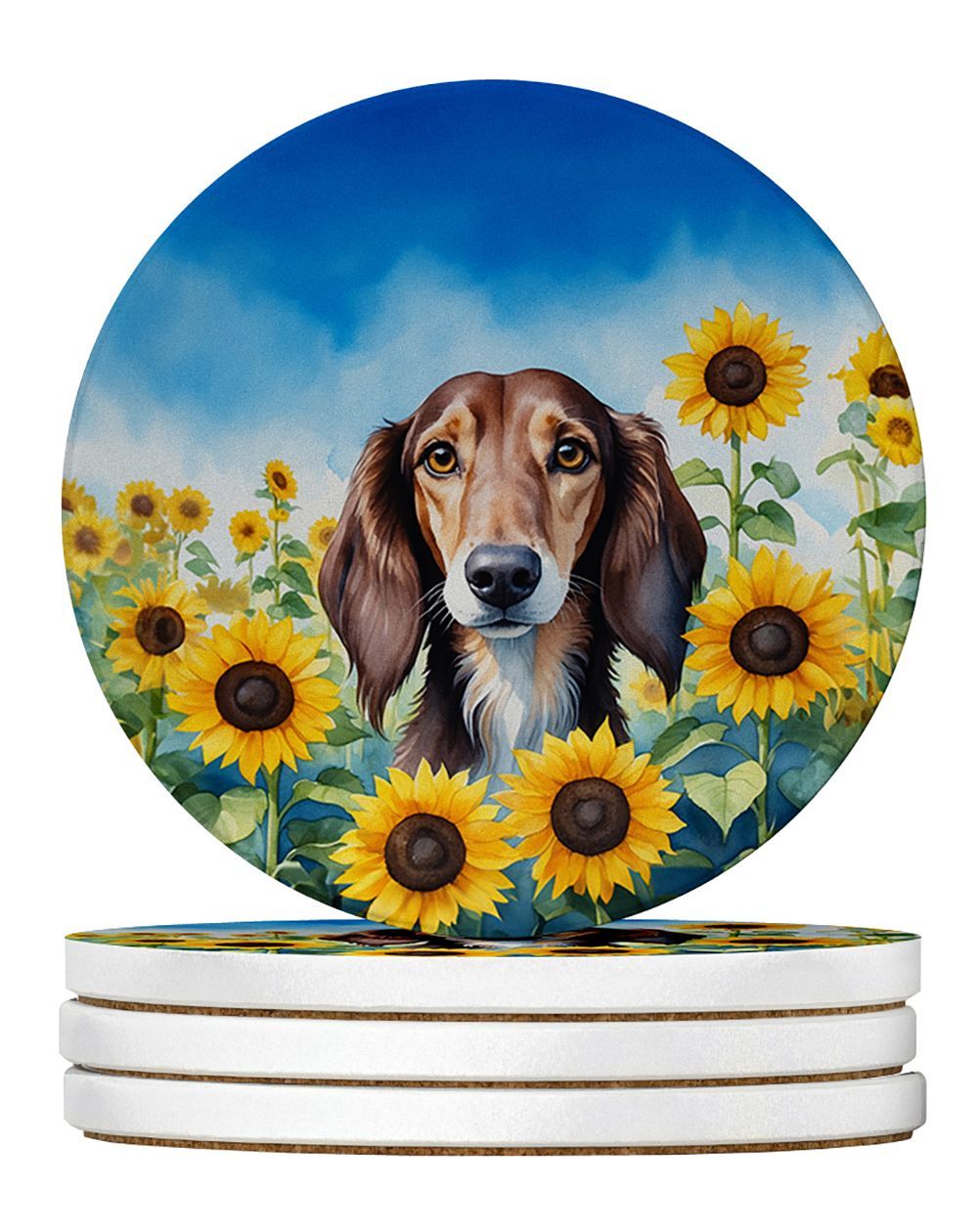 Saluki In Sunflowers Large Sandstone Coasters Pack Of 4 Absorbent Round Coasters Decor Gifts For Men Or Women, 4 In, Multicolor_maomaolike.com