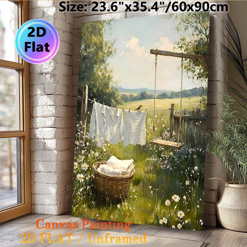 Rustic Laundry Yard Painting Poster, Warm-toned Idyllic Pastoral Poster, Sunlit Yard With Hanging Clothes, Wildflowers And Swing, Adds Cozy Rural Feel_maomaolike.com