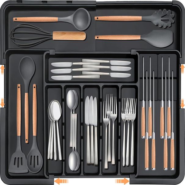 Retractable Kitchen Cutlery Organizer Divided Tray For Knives & Forks — 3-Way Expandable Drawer Insert_maomaolike.com