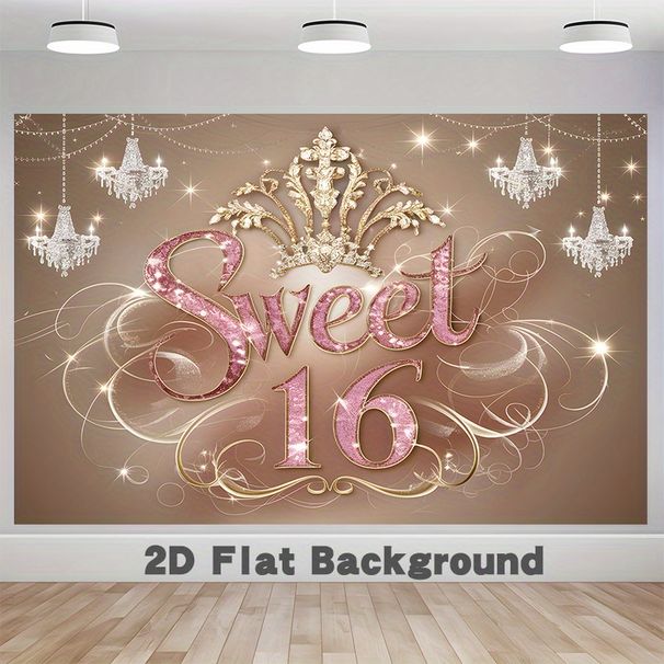 Sweet 16 Birthday Backdrop - 2D Flat Polyester Banner With Rose Golden Glitter Crown, Wall Hanging Photo Props, Party Decor_maomaolike.com