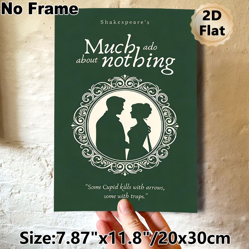 Shakespeare's Much Ado About Nothing Painting Poster, Vintage Elegant Silhouette Couple With Ornate Frame Poster, Classic Literary Quote Decor For_maomaolike.com