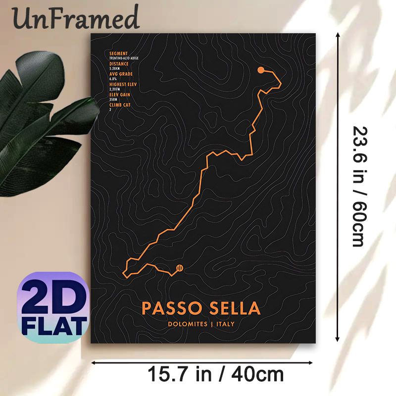 Passo Sella Route Topographic Map Painting Poster, Sleek Dark-toned Contour Map With Orange Route Details Poster, Features Key Climb Stats, Ideal For_maomaolike.com