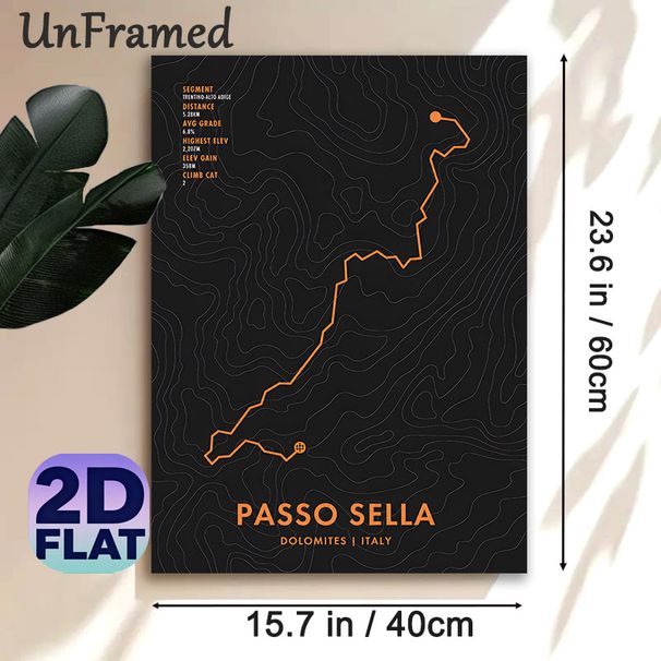 Passo Sella Route Topographic Map Painting Poster, Sleek Dark-toned Contour Map With Orange Route Details Poster, Features Key Climb Stats, Ideal For_maomaolike.com