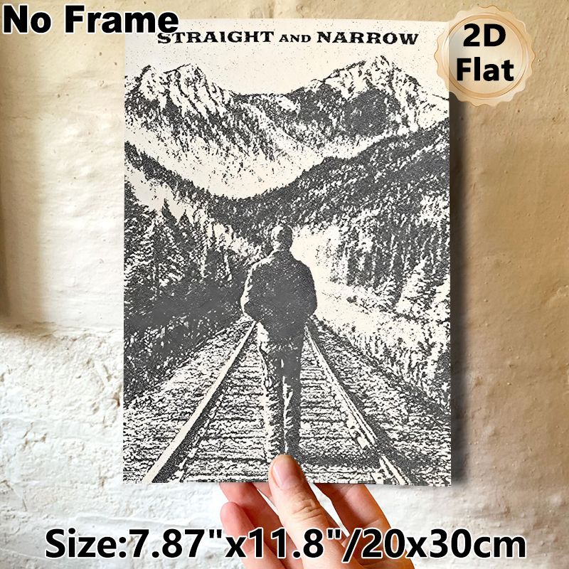Railway & Mountain Figure Painting Poster, Vintage Monochrome Textured "Straight And Narrow" Scene Poster, Thought-provoking Artistic Decor For Living_maomaolike.com