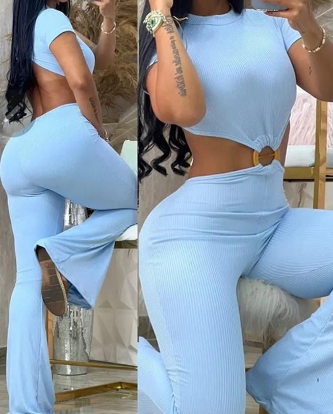 Women's clothing sexy round neck backless slim fit butt lift solid color bootcut jumpsuit sportswear_maomaolike.com
